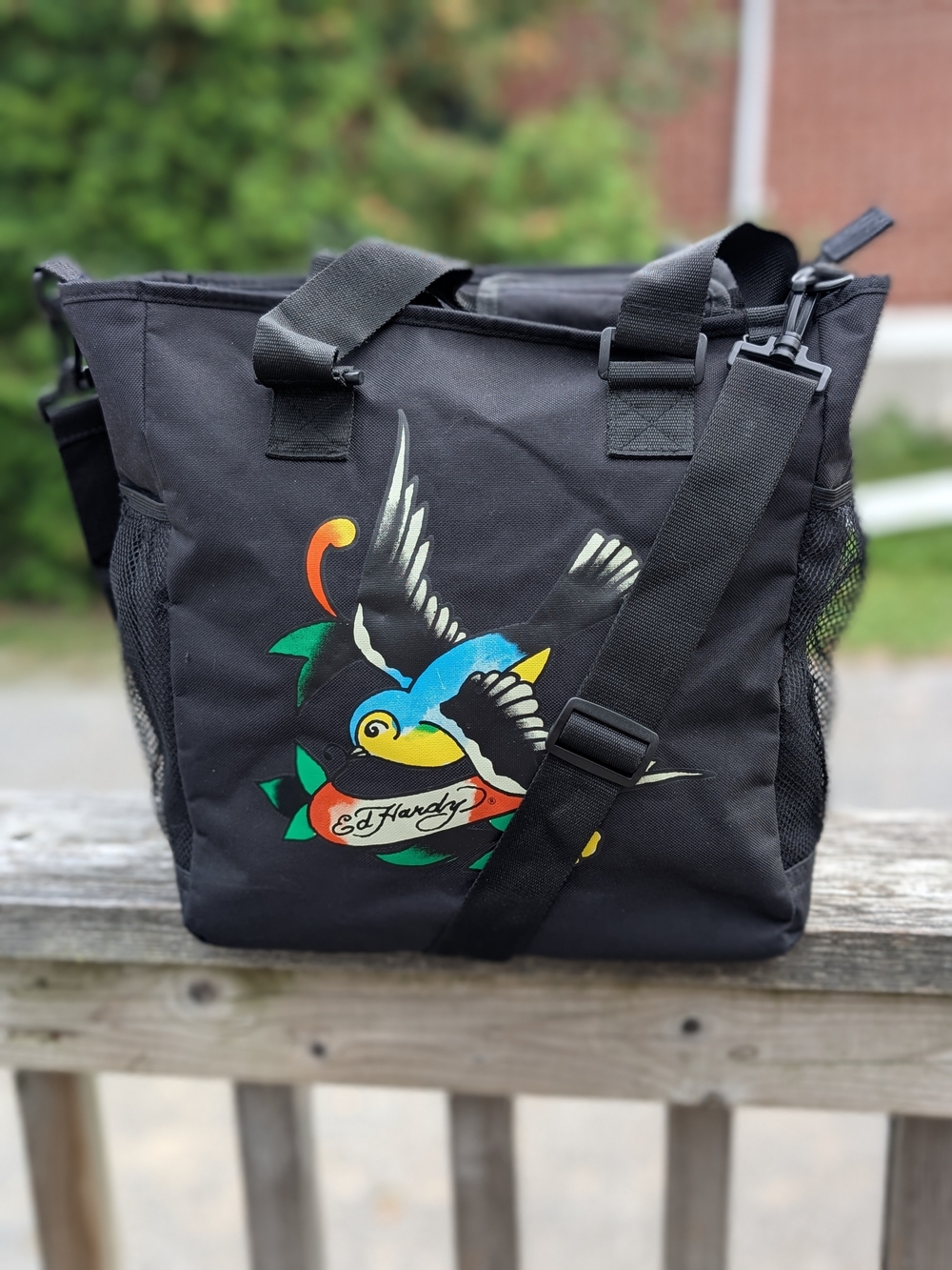 Ed Hardy -Y2K Black Messenger Bag with Multicolor Bird Graphic